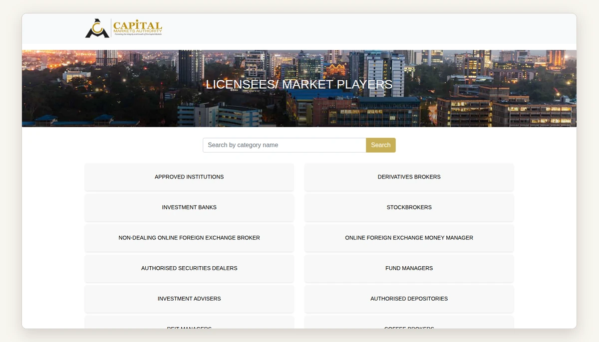 Screenshot of the CMA licensees register on cma.or.ke, taken 6 October 2026: the public list Capital Markets Authority of Kenya publishes.